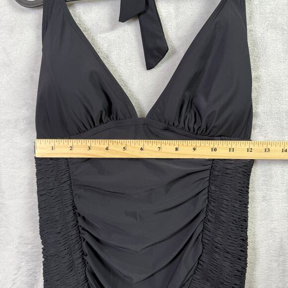 DKNY One Piece Swimsuit Women's 10 Black Scrunch Slim Sides V Neck Tie Halter - Picture 6 of 11